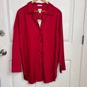 NEW CHICOS Red Hidden Button Down Top No Iron Sateen Marie Long sleeve Size XL